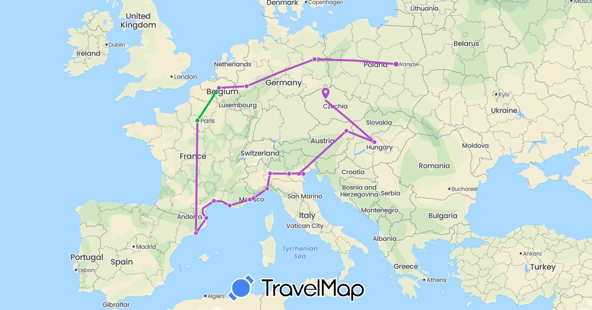 TravelMap itinerary: driving, bus, train in Austria, Belgium, Czech Republic, Germany, Spain, France, Hungary, Italy, Poland (Europe)